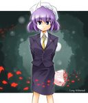  absurdres blue_eyes bouquet business_suit flower formal hat highres jacket letty_whiterock miniskirt necktie pencil_skirt purple_hair shimanaka_arihito skirt skirt_suit solo suit touhou 