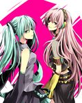  aqua_hair bad_id bad_pixiv_id detached_sleeves hatsune_miku long_hair looking_back megurine_luka multiple_girls very_long_hair vocaloid yuzuki_karu 