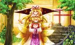  :3 animal_ears blonde_hair blush chen gap hands_in_opposite_sleeves hat long_hair long_sleeves multiple_girls multiple_tails o_o outdoors pillow_hat same_2009 short_hair tail tassel torii touhou wide_sleeves yakumo_ran yakumo_yukari 