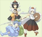  :q animal_ears armpits backpack bad_id bad_pixiv_id bag black_hair blue_eyes blue_hair boots controller geta hat highres inubashiri_momiji kawashiro_nitori multiple_girls notebook pencil red_eyes remote_control sarashi shameimaru_aya shield short_hair silver_hair sword tabi tail tengu-geta tokin_hat tongue tongue_out touhou twintails two_side_up urin weapon wolf_ears wolf_tail wooden_pencil 