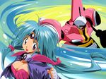  90s aqua_hair asoka breasts brooch cape circlet cleavage haou_taikei_ryuu_knight headband jewelry long_hair magidora mecha medium_breasts paffy_pafuricia purple_eyes smile 