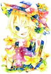  blonde_hair blue_eyes braid broom flower hat highres kirisame_marisa legomaru long_hair one_eye_closed solo touhou traditional_media watercolor_(medium) witch_hat 