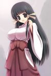  arcana_heart black_eyes black_hair breasts hair_ribbon hakama japanese_clothes kasuga_maori large_breasts long_hair miko open_mouth red_hakama ribbon smile solo unikurage 