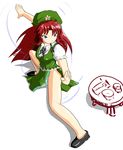  bad_anatomy blue_eyes braid china_dress chinese_clothes chopsticks dress fighting_stance food food_on_face from_above hat hong_meiling long_hair red_hair rice rice_on_face samurai_(kasizuki) solo table touhou twin_braids 