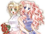  aeru akizuki_wataru blonde_hair blue_eyes bouquet double_bun flower green_eyes long_hair multiple_girls neviril pink_hair simoun 
