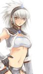  bandeau breasts brown_eyes hairband horn jyuru kirin_(armor) large_breasts midriff monster_hunter navel short_hair solo strapless tubetop white_hair 