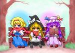  alice_margatroid blonde_hair blue_eyes blush book crossed_arms hairband hat kinokobakudan kirisame_marisa long_hair mittens multiple_girls patchouli_knowledge purple_eyes purple_hair reading scarf shared_mittens shared_scarf short_hair touhou witch_hat yellow_eyes 