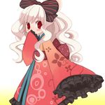  blush covering_mouth emdo_(norabbit) frills hair_ribbon hand_over_own_mouth japanese_clothes kimono long_hair long_sleeves lowres nezubi original red_eyes ribbon sleeves_past_wrists smile solo white_hair 