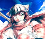  adeu_warsam armor bad_id bad_pixiv_id brown_hair cape cloud day green_eyes haou_taikei_ryuu_knight helmet rondo_bell sky solo sword weapon 