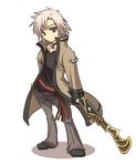  belt coat copyright_request expressionless grey_eyes male_focus pants satomi shirt solo sword weapon white_background white_hair 