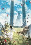  barefoot bird brown_hair cloud day dress flower grass long_hair mono na2 nature outdoors petals plant shadow_of_the_colossus sky soles solo standing tower tree 