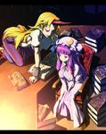  :&lt; all_fours armchair bangs blonde_hair blunt_bangs book breasts chair frown hanging_breasts hat horn hoshiguma_yuugi impossible_clothes impossible_shirt large_breasts letterboxed long_hair multiple_girls nekomamire patchouli_knowledge purple_eyes purple_hair red_eyes shirt sitting table touhou v_arms 