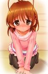  ahoge all_fours antenna_hair bad_id bad_pixiv_id blush brown_eyes brown_hair clannad drunk furukawa_nagisa homing_(areya) pantyhose short_hair solo 