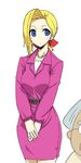  1girl bead_necklace beads blonde_hair blue_eyes business_suit copyright_request expressionless formal hands_together jacket jewelry long_sleeves michael necklace pencil_skirt ponytail side_slit simple_background skirt skirt_suit solo_focus suit v_arms white_background 