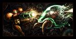  adam_vehige arm_cannon armor beam energy fangs firing helmet metroid metroid_(creature) power_armor power_suit samus_aran varia_suit weapon 