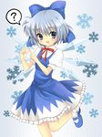  ? bad_id bad_pixiv_id blue_dress blue_eyes blue_hair blush bow cirno dress fang fingers hair_bow halftone halftone_background hanabana_tsubomi mary_janes neck_ribbon open_mouth ribbon shoes short_hair smile solo standing standing_on_one_leg touhou wings 