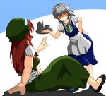  bad_anatomy braid china_dress chinese_clothes closed_eyes commentary cup dress hat hong_meiling izayoi_sakuya knife long_hair maid multiple_girls red_hair ribbon samurai_(kasizuki) short_hair silver_hair teapot touhou tray trembling 