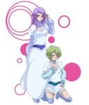  adjusting_hair anew_returner aucie bad_id bad_pixiv_id blush dress green_hair gundam gundam_00 hilling_care innovator kneeling long_hair multiple_girls purple_eyes purple_hair red_eyes short_hair 