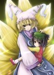  :&lt; animal_ears black_hair blonde_hair blue_eyes carrying cat_ears chen earrings fox_tail hat hug jewelry kubozuka_pikurou long_sleeves mary_janes multiple_girls petting pillow_hat shoes short_hair sitting sitting_on_lap sitting_on_person socks tail tassel touhou wide_sleeves yakumo_ran 