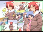  animal_ears blue_eyes brown_eyes cat_ears cat_tail coat hair_ornament hairclip multiple_girls original red_hair shiina_you_(tomoshibi) short_hair siblings striped tail twins winter_clothes 