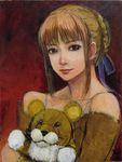  artoria_pendragon_(all) bad_id bad_pixiv_id bare_shoulders blonde_hair brown_eyes fate/stay_night fate_(series) hair_ribbon lion mister_donut oil_painting_(medium) pon_de_lion ribbon saber solo stuffed_animal stuffed_lion stuffed_toy tafuto traditional_media work_in_progress 