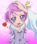  blush cure_sword dokidoki!_precure eyelashes gradient gradient_background hair_tousle happy heart highres kenzaki_makoto looking_at_viewer magical_girl open_mouth precure purple_eyes purple_hair purple_skirt short_hair skirt smile solo watosonshi younger 