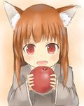  animal_ear_fluff animal_ears apple brown_hair fang food fruit holo long_hair open_mouth red_eyes shone simple_background smile solo spice_and_wolf wolf_ears younger 