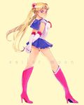  arms_behind_back bishoujo_senshi_sailor_moon blonde_hair blue_eyes blue_sailor_collar blue_skirt boots character_name double_bun elbow_gloves full_body gloves high_heel_boots high_heels kariya8 knee_boots long_hair miniskirt nape no_choker red_footwear sailor_collar sailor_moon sailor_senshi_uniform simple_background skirt solo tsukino_usagi twintails white_gloves 