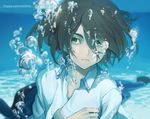  black_hair bubble danball_senki green_eyes highres izumo_haruki kudara looking_at_viewer male_focus shirt_removed solo underwater 