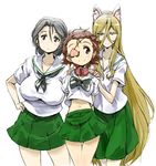  animal_ears arms_behind_back blonde_hair blush bow bowtie breasts brown_eyes brown_hair chikuwa_(tks) choker eyepatch fake_animal_ears food fruit girls_und_panzer green_skirt grey_eyes grey_hair hair_between_eyes hair_pulled_back hairband hand_on_hip hand_on_shoulder large_breasts long_hair looking_at_viewer midriff miniskirt momogaa multiple_girls neckerchief nekonyaa no_eyewear ooarai_school_uniform peach pink_hairband piyotan pleated_skirt school_uniform serafuku short_hair skirt smile standing white_background 