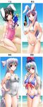  adapted_costume alternate_color_school_swimsuit alternate_costume animal_ears arm_support bare_shoulders barefoot beach bikini black_hair blue_bikini blue_hair blush bow breasts bunny_ears bunny_tail byeontae_jagga cameltoe carrot carrot_necklace cleavage collarbone covered_navel front-tie_top fujiwara_no_mokou groin gun hair_bow hand_on_hip handgun hat highleg highleg_bikini highleg_swimsuit highres holding horizon inaba_tewi jewelry kamishirasawa_keine kneeling large_breasts long_hair looking_at_viewer m1911 micro_bikini multicolored_hair multiple_girls name_tag navel necklace ocean one-piece_swimsuit pendant pink_swimsuit pistol purple_eyes purple_hair red_eyes reisen_udongein_inaba school_swimsuit shiny shiny_clothes shiny_skin short_hair side-tie_bikini silver_hair simple_background sitting skindentation smile swimsuit tail tareme touhou trigger_discipline two-tone_hair underboob very_long_hair wariza water water_gun weapon wet wet_clothes white_bikini white_school_swimsuit white_swimsuit wristband 
