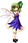  :d arms_behind_back bow cirno cirno_(cosplay) cosplay daiyousei detached_wings fairy_wings fusion green_eyes green_hair hair_bow multiple_wings open_mouth simple_background smile solo touhou white_background wings yuran_(kuen-hien) 