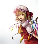  ascot blonde_hair flandre_scarlet hat hat_ribbon kagari_(kgr_000) looking_at_viewer mob_cap red_eyes ribbon short_hair short_sleeves side_ponytail simple_background sketch skirt skirt_set slit_pupils solo touhou white_background wings 