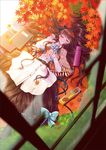  ainili autumn_leaves bad_id bad_pixiv_id book brown_hair capelet closed_eyes cookie dress food grass hairband long_hair lying on_back original solo 