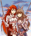  aquanut armor belt breastplate brown_hair cloud cloudy_sky feathers fire_emblem fire_emblem:_kakusei gauntlets hair_feathers hand_on_another's_shoulder long_hair looking_at_another multiple_girls pegasus_knight polearm red_hair shoulder_armor sky spaulders sumia tiamo weapon 
