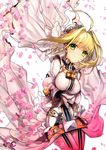  absurdres ahoge belt blonde_hair breasts buckle cherry_blossoms cowboy_shot dress fate/extra fate/extra_ccc fate_(series) green_eyes highres large_breasts lock long_sleeves nero_claudius_(bride)_(fate) nero_claudius_(fate)_(all) petals see-through short_hair simple_background solo standing tareme veil wada_aruko white_background 