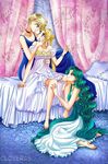  aqua_dress aqua_hair artist_name bad_id bad_pixiv_id bare_legs barefoot bed bishoujo_senshi_sailor_moon blue_dress choker cloveras curtains dress hand_on_another's_face holding kaiou_michiru leg_hug multiple_girls on_bed princess_neptune princess_serenity princess_uranus short_hair sitting sitting_on_bed ten'ou_haruka tsukino_usagi very_short_hair wariza wavy_hair white_dress yuri 