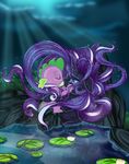  black_fur blue_eyes clouds couple dragon embrace equine eyes_closed female feral friendship_is_magic fur hair halfdeathshadow horn horse kissing male my_little_pony nightmare_rarity_(mlp) pony purple_hair purple_scales rarity_(mlp) sparkles spike_(mlp) unicorn water water_lily 