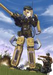  2boys absurdres animal_ears battle belt blonde_hair blurry camouflage cat_ears cat_tail caterpillar_tracks cloud condensation_trail day depth_of_field erica_(naze1940) explosion garrison_cap gloves grey_eyes ground_vehicle hat helmet highres mecha_musume military military_uniform military_vehicle motor_vehicle multiple_boys neuroi original panzerfaust panzerkampfwagen_panther_(personification) pointing radio ribbon short_hair sky smoke tail tank uniform walker war weapon world_witches_series 