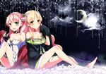  38kb_(38shiki) :d ahoge atelier_(series) atelier_ayesha atelier_escha_&amp;_logy ayesha_altugle bare_shoulders barefoot blonde_hair blush bow braid breasts choker cleavage cloud crescent_moon escha_malier flower green_eyes hair_flower hair_ornament long_hair looking_at_viewer medium_breasts moon multiple_girls open_mouth pink_hair single_braid sitting slim_legs smile wavy_hair yellow_eyes 