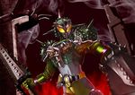  armor belt dual_wielding durian holding inochi_(den-o08) kamen_rider kamen_rider_bravo kamen_rider_gaim_(series) male_focus mask solo spikes sword weapon 