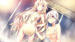  2girls aka-san_to_kyuuketsuki areolae blonde_hair blush breasts covering flat_chest game_cg hands_on_hips highres kuwashima_rein large_breasts legs long_hair looking_at_viewer multiple_girls navel nipples nude onsen red_eyes serious standing steam sweat thighs white_hair 