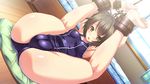  1girl absurdres armpits arms_up ass barefoot bdsm bed black_hair blush bondage bound breasts cameltoe covered_nipples cuffs dutch_angle erect_nipples feet female game_cg green_eyes highres legs legs_up nail_polish otome_switch short_hair sitting small_breasts soles solo swimsuit thighs toe_scrunch toenail_polish toes yellow_nails 