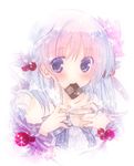  bare_shoulders blue_hair blush checkerboard_cookie cookie cup food food_in_mouth hair_ornament highres holding holding_cup looking_at_viewer moo_(umineko) original portrait purple_eyes short_hair smile solo upper_body 