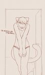  chest_tuft crossdressing dialog embarrassed english_text feline fur male mammal monochrome solo syynx text thong tuft 