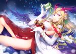  1girl blonde_hair box breasts dress elbow_gloves feathered_wings flower gift gift_box gloves hair_flower hair_ornament highres holding holding_box kamome_yuu large_breasts long_hair looking_at_viewer lying monster_strike on_back outdoors purple_wings red_dress red_eyes sideboob sleeveless sleeveless_dress snow snowing solo strapless strapless_dress very_long_hair white_gloves wings yellow_flower 