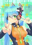  animal_ears blue_hair breasts bridal_gauntlets cat_ears covered_nipples double_v green_eyes hatsune_miku headphones long_hair medium_breasts nail_polish necktie one_eye_closed smile solo twintails v vocaloid zanma 
