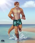  2019 anthro beach board_shorts clothed clothing hair male mammal mustelid open_mouth otter outside running seaside smile solo topless zephyxus 