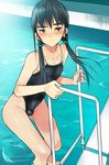  blue_hair blush brown_eyes bulge climbing coin_rand competition_school_swimsuit covered_nipples crossdressing earrings erection erection_under_clothes highleg highleg_swimsuit hips jewelry low_twintails male_focus nipples one-piece_swimsuit original otoko_no_ko pool pool_ladder poolside school_swimsuit solo swimsuit thighs twintails water 