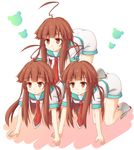  ahoge bangs blunt_bangs blush brown_eyes brown_hair clone heart heart-shaped_pupils human_pyramid human_tower kantai_collection kuma_(kantai_collection) long_hair multiple_girls nagi_uru school_uniform serafuku shorts stacking symbol-shaped_pupils triangle_mouth 